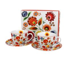 DUO ETNO 2er-Set Tassen 280 ml ŁOWICZ mit Untertassen, New Bone China Porzellan
