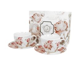 DUO FLORAL 2er-Set Tassen 280 ml SECESSION mit Untertassen, New Bone China Porzellan