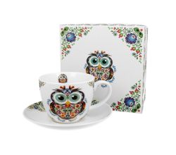 DUO ETNO Jumbobecher 470 ml OWL mit Untertasse, New Bone China Porzellan