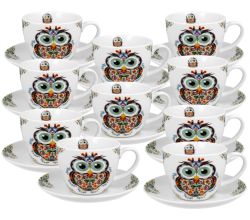 10er SET DUO ETNO Jumbobecher 470 ml OWL mit Untertasse, New Bone China Porzellan