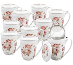 10er SET DUO FLORAL Becher 380 ml SECESSION mit Teesieb, New Bone China Porzellan