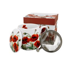 DUO FLORAL Fassbecher 430 ml CLASSIC POPPIES mit Teesieb, New Bone China Porzellan