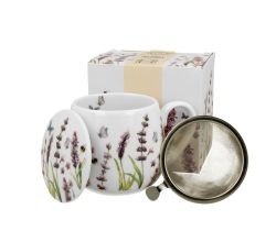 DUO FLORAL Fassbecher 430 ml CLASSIC LAVENDER mit Teesieb, New Bone China Porzellan
