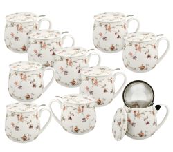 10er SET DUO FLORAL Fassbecher 430 ml SAFA mit Teesieb, New Bone China Porzellan