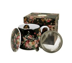 DUO FLORAL Fassbecher 430 ml VINTAGE FLOWERS BLACK mit Teesieb, New Bone China Porzellan