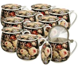 10er SET DUO FLORAL Fassbecher 430 ml WARDA mit Teesieb, New Bone China Porzellan