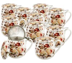 10er SET DUO FLORAL Fassbecher 430 ml ZAHRA mit Teesieb, New Bone China Porzellan