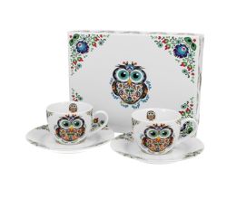 DUO ETNO 2er-Set Espressotassen 90 ml OWL mit Untertassen, New Bone China Porzellan