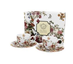 DUO FLORAL 2er-Set Espressotassen 90 ml VINTAGE FLOWERS WHITE mit Untertassen, New Bone China Porzellan