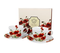 DUO FLORAL 2er-Set Tassen 280 ml CLASSIC POPPIES mit Untertassen, New Bone China Porzellan
