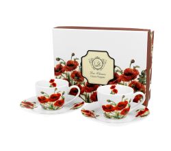 DUO FLORAL 2er-Set Espressotassen 90 ml CLASSIC POPPIES mit Untertassen, New Bone China Porzellan