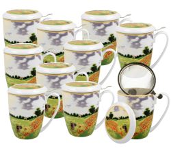 10er SET DUO ART GALLERY Becher 380 ml POPPY FIELD mit Teesieb, New Bone China Porzellan