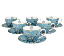 DUO ART GALLERY 6er-Set Tassen 220 ml ALMOND BLOSSOM mit Untertassen, New Bone China Porzellan