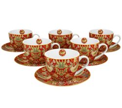 DUO ART GALLERY 6er-Set Tassen 220 ml STRAWBERRY THIEF RED mit Untertassen, New Bone China Porzellan