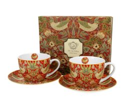 DUO ART GALLERY 2er-Set Tassen 280 ml STRAWBERRY THIEF RED mit Untertassen, New Bone China Porzellan