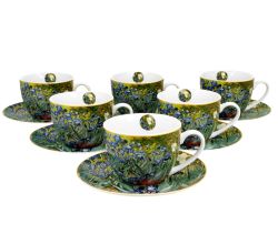 DUO ART GALLERY 6er-Set Tassen 220 ml IRISES mit Untertassen, New Bone China Porzellan