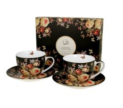 DUO FLORAL 2er-Set Tassen 280 ml WARDA mit Untertassen, New Bone China Porzellan