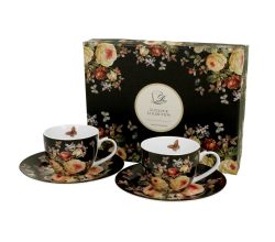 DUO FLORAL 2er-Set Espressotassen 90 ml WARDA mit Untertassen, New Bone China Porzellan