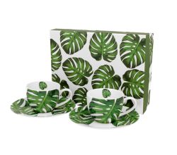 DUO FLORAL 2er-Set Espressotassen 90 ml MONSTERA mit Untertassen, New Bone China Porzellan