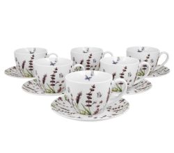 DUO FLORAL 6er-Set Tassen 220 ml CLASSIC LAVENDER mit Untertassen, New Bone China Porzellan