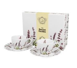DUO FLORAL 2er-Set Espressotassen 90 ml CLASSIC LAVENDER mit Untertassen, New Bone China Porzellan