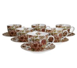 DUO FLORAL 6er-Set Tassen 220 ml PASTEL FLOWERS mit Untertassen, New Bone China Porzellan