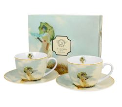 DUO ART GALLERY 2er-Set Tassen 250 ml WOMAN WITH PARASOL mit Untertassen, New Bone China Porzellan
