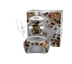 DUO FLORAL Teekanne 1000 ml ZAHRA mit Stövchen, Glas - New Bone China Porzellan
