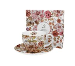 DUO FLORAL Jumbobecher 470 ml PASTEL FLOWERS mit Untertasse, New Bone China Porzellan
