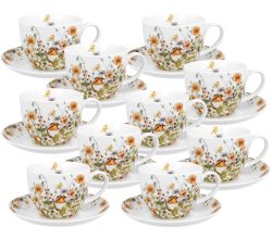 10er SET DUO FLORAL Jumbobecher 470 ml WILD BIRDS mit Untertasse, New Bone China Porzellan