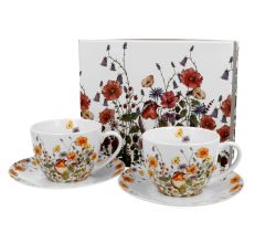 DUO FLORAL 2er-Set Tassen 280 ml WILD BIRD mit Untertassen, New Bone China Porzellan