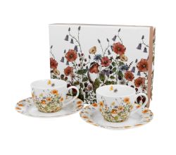 DUO FLORAL 2er-Set Espressotassen 90 ml WILD BIRD mit Untertassen, New Bone China Porzellan
