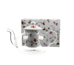 DUO FLORAL Teekanne 1000 ml SAFA mit Teesieb, Glas - New Bone China Porzellan
