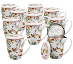 10er SET DUO FLORAL Becher 380 ml LINNEA mit Teesieb, New Bone China Porzellan