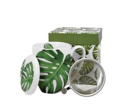 DUO FLORAL 30433 Becher 380 ml mit Teesieb MONSTERA mit Teesieb, New Bone China Porzellan