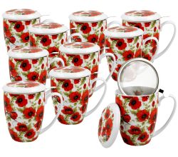 10er Set DUO FLORAL Becher 380 ml LINA mit Teesieb, New Bone China Porzellan