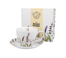 DUO FLORAL Jumbobecher 470 ml CLASSIC LAVENDER mit Untertasse, New Bone China Porzellan