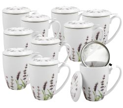 10er SET DUO FLORAL 30785 Becher 380 ml CLASSIC LAVENDER mit Teesieb, New Bone China Porzellan