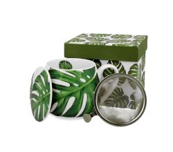 DUO FLORAL Fassbecher 430 ml MONSTERA mit Teesieb, New Bone China Porzellan