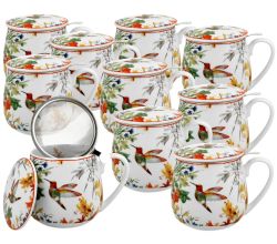 10er SET DUO FLORAL Fassbecher 430 ml LINNEA mit Teesieb, New Bone China Porzellan