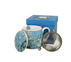 DUO ART GALLERY Fassbecher 430 ml ALMOND BLOSSOM mit Teesieb, New Bone China Porzellan