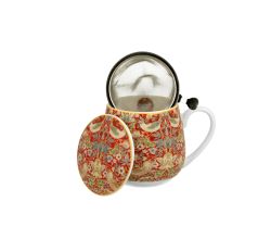 DUO ART GALLERY Fassbecher 430 ml STRAWBERRY THIEF RED mit Teesieb, New Bone China Porzellan