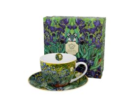 DUO ART GALLERY Tasse 270 ml IRISES mit Untertasse, New Bone China Porzellan