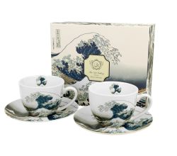 DUO ART GALLERY 2er-Set Tassen 280 ml THE GREAT WAVE mit Untertassen, New Bone China Porzellan