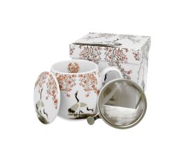 DUO ART GALLERY Fassbecher 430 ml SAKURA & CRANES mit Teesieb, New Bone China Porzellan