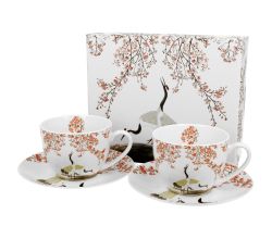 DUO ART GALLERY 2er-Set Tassen 280 ml SAKURA & CRANES mit Untertassen, New Bone China Porzellan