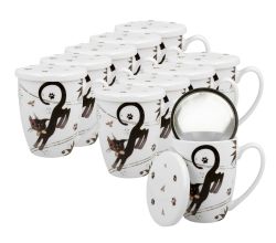 10er SET DUO ANIMALS Becher 380 ml CHARMING CATS mit Teesieb, New Bone China Porzellan