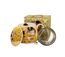 DUO ART GALLERY Fassbecher 430 ml THE KISS ECRU mit Teesieb, New Bone China Porzellan