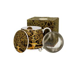 DUO ART GALLERY Fassbecher 430 ml TREE OF LIFE mit Teesieb, New Bone China Porzellan