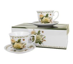 DUO FLORAL 2er-Set Tassen 250 ml EDITH mit Untertassen, New Bone China Porzellan
